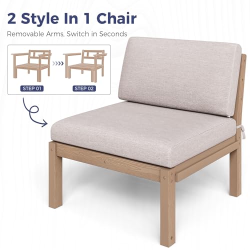 Image of Modular Outdoor Patio Furniture Armless Seat, HIPS All-Weather Outdoor Sectional Sofa with High-Density Thick Cushions, Easy Side Interlock, Patio Seat for Backyard, Balcony, Deck (Teak)