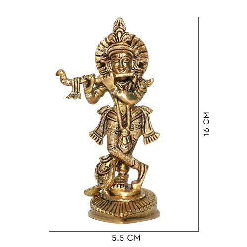 Image of Brass Lord Krishna Statue | Height - 16 CM Approx | Weight - 580 Gram Approx | Feng Shui | Vastu Shastra Remedy | Krishna Idol Small | Kanha Ji | Showpiece
