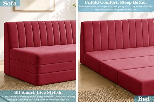 Image of 3-Seater Foldable Floor Sofa Bed with, Modern Velvet Fabric Folding Couch for Living Room, Guest Room & Small Spaces-Red