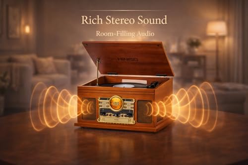 Image of Hiniso 8-in-1 Vinyl Record Player Turntable with 2-Way Bluetooth in /Out, Wireless Remote, CD & Cassette Player, USB /SD Recording | Convert Vinyl /CD /Cassette to MP3 | Built-in Speakers, FM Radio