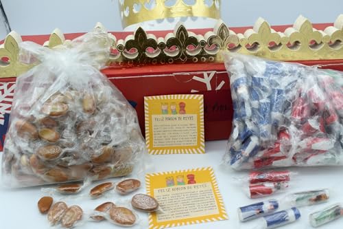 Kit Roscón de Reyes 100u – Incluye 100 Coronas + 100 Habas + 100 Tarjetas + 100 Sorpresas Figura Reyes Magos – Sorpresas Tradicionales para Repostería y Pastelería