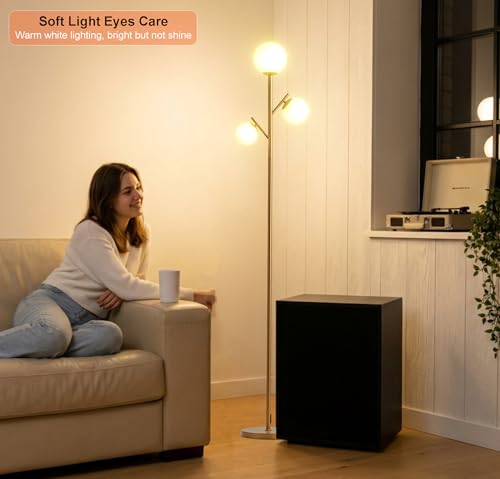 Image of Fiqevs 3 Globe Floor Lamp for Living Room, Mid Modern Standing Tree Lamp | 3000K Warm Light, 3 LED Bulbs Included, Orb Frosted Glass Shade contemporary Lamp for Bedroom /Office, Antique Brass /Gold