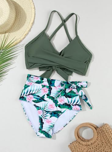Dokotoo High Waisted Swimsuits for Women Push Up Bikinis Adjustable Straps 2025 Cross Front Two Piece Bathing Suit Sexy Summer Tummy Control Beach Wear,Green XX-Large — view 5