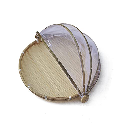 1PCS Hand-Woven Bamboo Food Serving Tent Basket with Cover Handmade Dustproof-Bug-Proof Round Picnic Basket Bamboo Fruit Bread Vegetable Storage Container with Cover Mesh Serving Tray 42cm