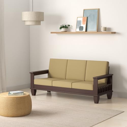 Image of Solid Sheesham Wood 3 Seater Sofa with Pocket Storage | Multipurpose Wooden Three Seater Lounge Set for Living Room Home and Office (Walnut Finish) | 1 Year Warranty