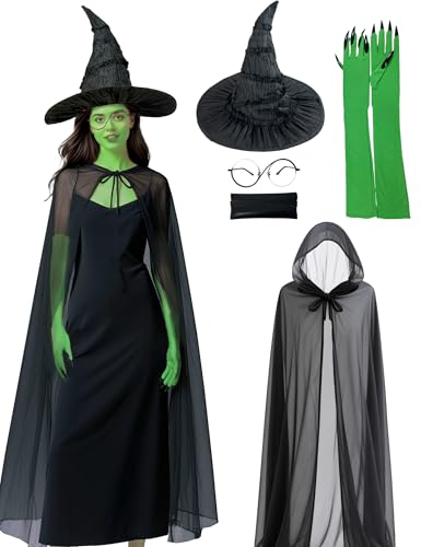 Halloween Elphaba Costume for Women, 4 Piece Witch Costume Set Halloween Hat Cape Glasses Gloves Accessories
