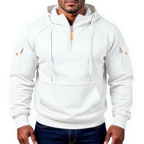 Mens Quarter Zip Pullover Tactical Cargo Sweatshirts with Hood Fall Casual Comfy Soft Fleece Hoodie with Pockets