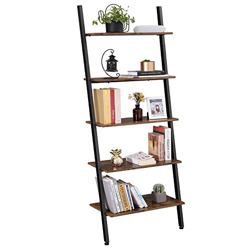 VASAGLE Alinru Ladder Shelf Leaning Shelf, 5-Tier Bookshelf Rack, for Living Room Kitchen Office, Stable Steel, Industrial Furniture , Rustic Brown ULLS46BX