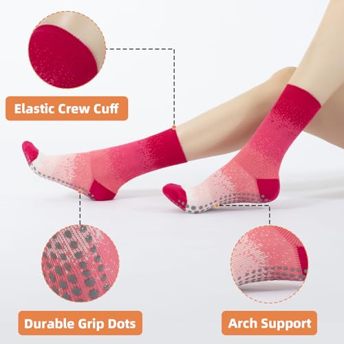 Image of Pilates Grip Yoga Socks with Grips for Women, Colorful Non Slip Crew Athletic Socks for Barre, Dance, Fitness, Home Workouts - Anti-Slip Design.(red
