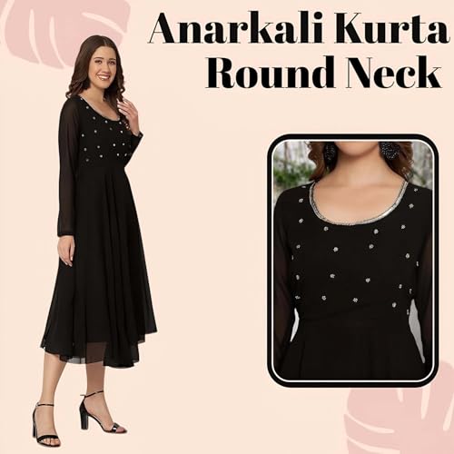 Image of PH POSHAKHUB Georgette Regular Fit Hand Embroidery Anarkali Kurta Set for Women, Yoke Anarkali Kurta for Woman, Ankle Length Anarkali Suit for Women, Full Sleeve Kurti, Dress for Woman