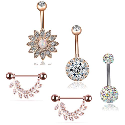 QIMOSHI 5Pcs Belly Button Rings Nipple Ring Navel Barbell Nipple Studs Surgical Steel Flower Leaf CZ Body Piercing Jewelry for Women Girls