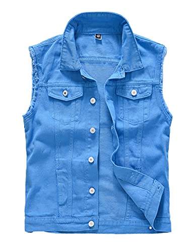 Image of Men's Sleeveless Ripped Denim Vest Casual Slim Fit Button Down Jeans Vests Jacket