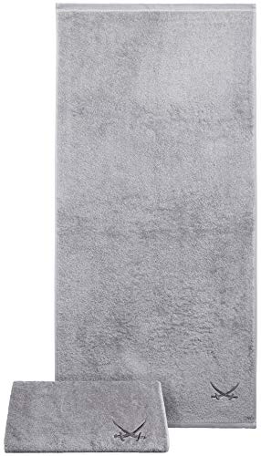 Sansibar 2er Set Duschtuch 70x140 cm – Saugstarkes Badetuch aus 100 % Baumwolle – Oeko-TEX zertifizierter Frottee – Sylt-Design mit gesticktem Säbel-Logo – Silber