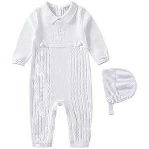 Booulfi Baby Junge Strampler 6-9 Monate Lange Ärmel Strickpullover Taufe Taufe Outfits für Jungen Neugeborenes Herbst Winter Weiß Baby Anzüge Kleidung mit Taufe Hüte