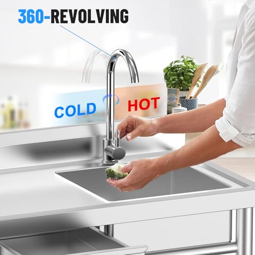 Image of Stainless Steel Utility Sink, Free-Standing Commercial Sink with Workbench, Drawer Storage & Hot /Cold Water Pipes for Kitchen Laundry, Farmhouse & Outdoor 39.5 x 23.6 x 31.4 in