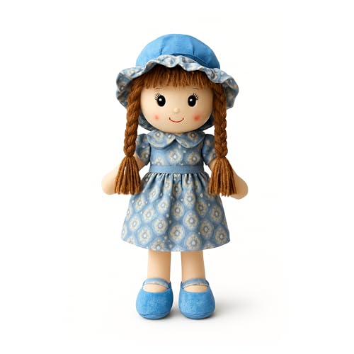 Image of Apollo Toys Soft Cloth Doll for Kids | Cute Braided Girl Plush Toy with Hat | Premium Cotton Stuffed Soft Toy for Girls | Birthday Gift for Kids | Safe & Washable Doll (Blue Dress, 50 cm) (Blue)