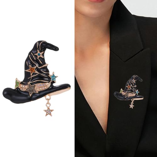 Image of Rhinestone Witch Hat Brooch Pin for Women AB Crystal Colorful Star Witchcraft Brooches Lapel Pins Bag Suit Dress Accessories Unisex Cap Fashion Christmas Halloween Jewelry