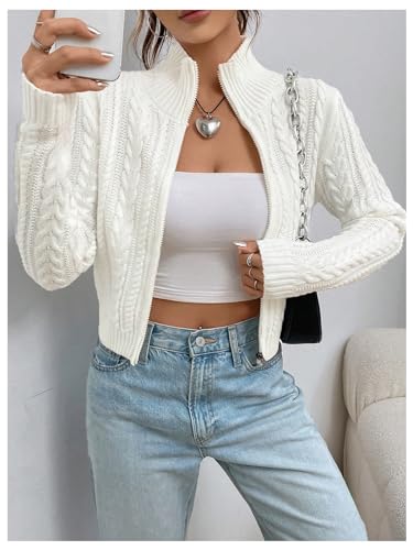 MakeMeChic Women's Cropped Cardigan Sweaters Fall Clothes Long Sleeve Zipper Cable Knit Jacket3