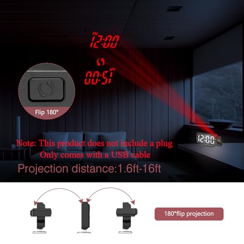 LOFICOPER Digital Projection Alarm Clock for Bedroom, 180° Rotatable Projector, 7.9'' Large LED Display with Temperature, Snooze, Adjustable Brightness, USB Cable, Nightstand Clock for Home Office - Image 3