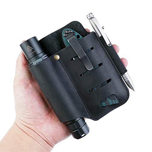 VIPERADE PJ15 EDC Leather Sheath, Flashlight Holster Pocket Knife Sheath Tactical pen Sheath for Leatherman Multitool Sheath, Knife Organizer Leather Sheath with Pocket Clip (Black)