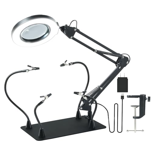 Helping Hands Soldering Station PCB Holder with Magnetic Arms,Circuit Board Holder 10X Magnifying Glass with Light Stand LED Lamp with Clamp, 5 Colors 10 Lights for Electronics, Crafts, Repairs