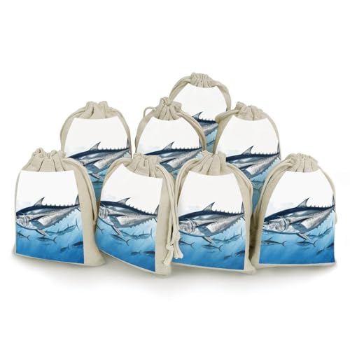 BSCKKDMN コットン巾着袋 8枚パック クロマグロ Thunnus リネン ギフトバッグ 収納バッグ 再利用可能 ギフトポーチ サシェ ジュエリー/パーティー/記念品 ラッピング DIY クリスマスギフト キャンディバッグ 4.9x6.7インチ