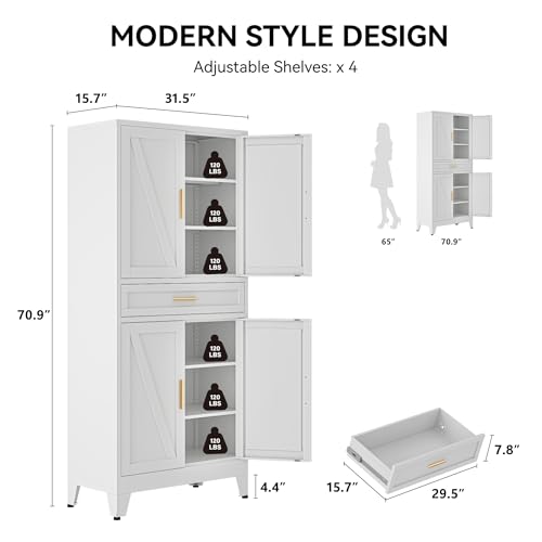 Image of COFaR 71 inch Tall Pantry Cabinet with Drawer, White Storage Cabinet with Adjustable Shelves, 3-Section Freestanding Cupboard for Kitchen Organization