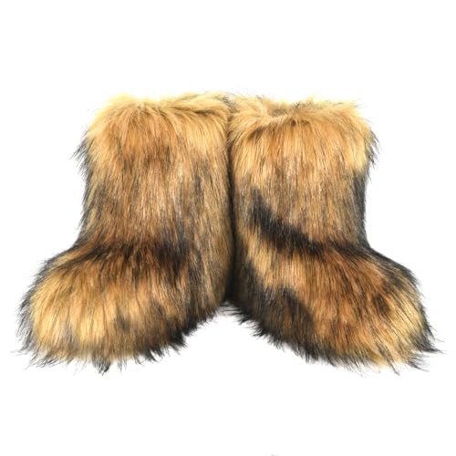 Image of Fashion Fur Boots,Flat Heel Comfy Plush Warm Snow Booties,2025 Winter Outdoors Furry Boots,Mid-Calf Faux fur Boot for Women.