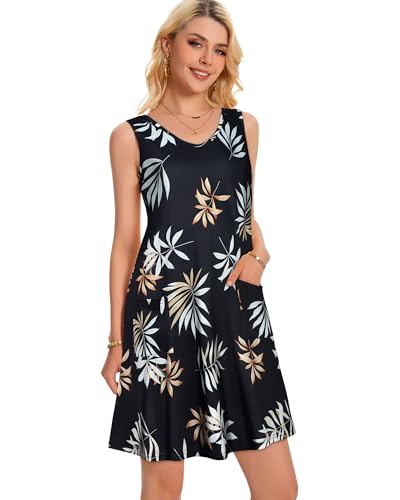 Image of elescat Womens Summer Dresses Casual V Neck Sleeveless Pockets Beach Loose Tank Sundress 2026