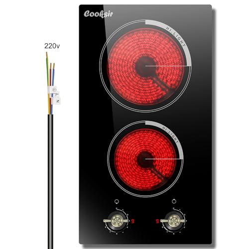 Cooksir 2 Burner Electric Cooktop - 12 Inch 220V Built-in Electric Stove Top 3000W, Ceramic Cook Top Radiant, 9 Power Heating Levels, Overheat Protection, Retro Knob, 220V - 240V Hard Wired (No Plug)