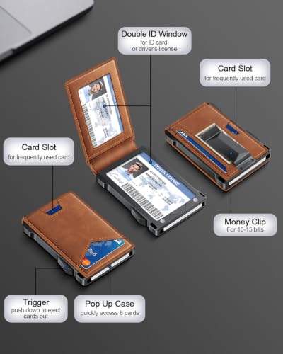 Image of Wallet for Men RFID Wallet with 2 ID Windows & Money Clip, Slim Card Holder | 10-12 Cards Bifold Minimalist Smart Pop Up Wallet for Front Pocket Compact Metal Credit Card Holder Birthday Gifts for Men
