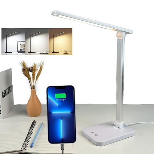TOVARIN Lampara Escritorio - Flexo led de 3 Modos Brillo Regulable- Flexo Led Escritorio Plegable Control- Lampara Mesita Noche Lectura para Estudio Oficina Luz Nocturna (PLATA)