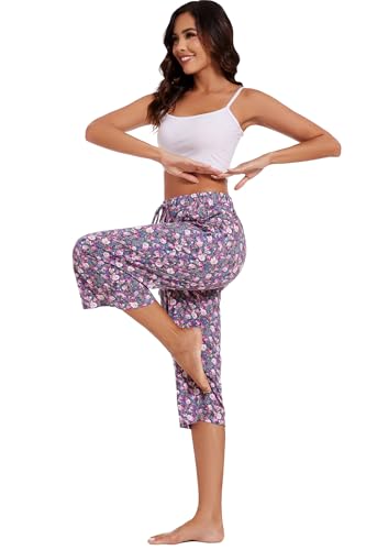 Image of Kabento 2 Pack Womens Pajama Pants Capri Sleep Lounge Pants Drawstring Pj Bottoms with Pockets