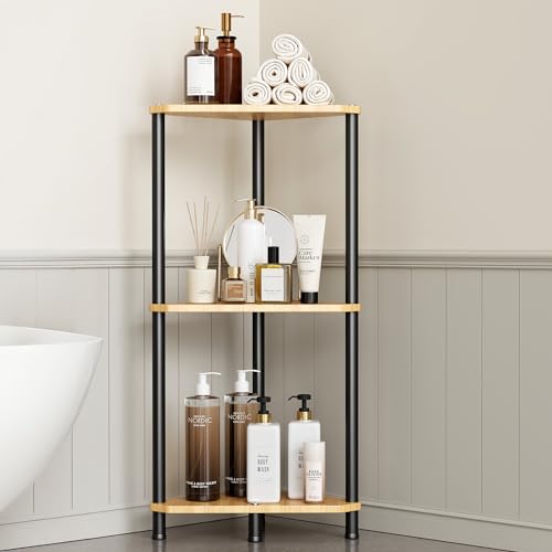 Orimade Estante de ducha de esquina inoxidable, estante de ducha de pie, estante de esquina independiente para baño, salón, oficina, 3 niveles, bambú