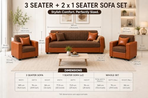 Image of 3+1+1 Sofa Set | 3 Seater Sofa with Two Single Seater Chairs | Premium Fabric & Leatherette Upholstery | Soft Foam Cushions | for Home & Office | Pre-Assembled (Brown and Tan)