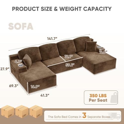 Image of Homall 142 inch Boneless Couch, Modular Sectional Sofa, No Assembly Required, Memory Foam Filling, Corduroy U-Shaped Sofa, Movable Multi-Person Couch for Living Room (Brown)