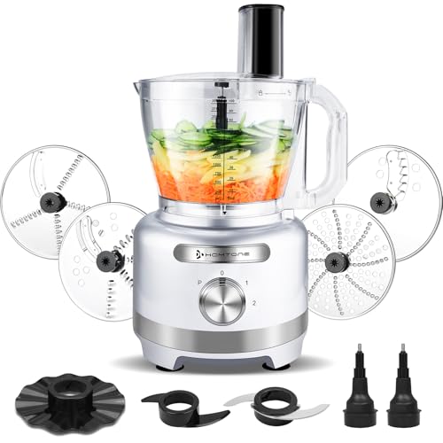 Homtone 16-Cup Food Processor Large, 600W Motor, 3-Speed with Pulse, 7 Blades for Slicing, Shredding, French Fries, Chopping Meat & Kneading Dough, Silver