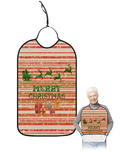 Christmas Sleigh Elk Adult Bib for Adults Men, Women, Washable & Adjustable Terry Cloth Bib with Crumb Catcher Reusable Waterproof Clothing Clothes Protector Apron Red Stripes Gold Snowflake