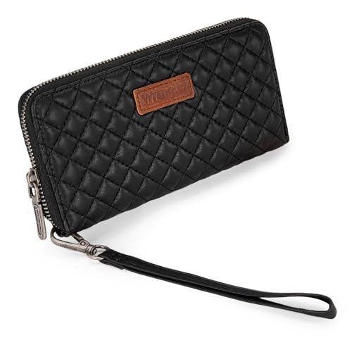Montana West X Wrangler Black Quilted Wallet Women Large Phone Wallet for Ladies Female with a Detachable Wristlet & Rfid Lining