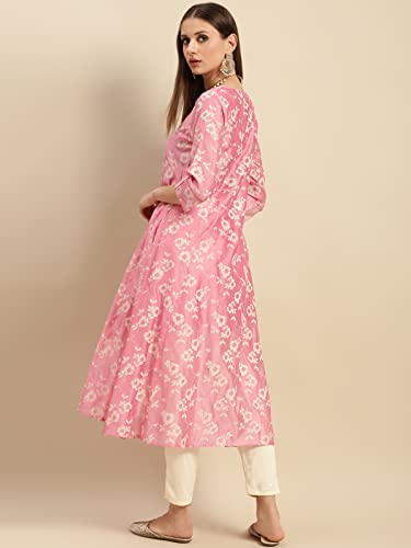 Image of rangita Pink Chanderi Calf Length Printed Flared Kurti for Women | Kurta for Women