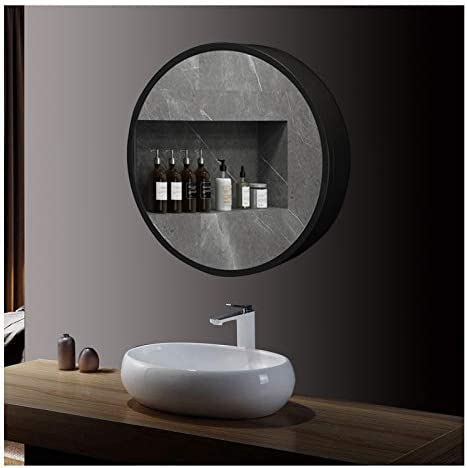Specchio da Bagno Rotondo a LED, mobiletto per medicinali, Specchio da Parete, Interruttore Touch dimmerabile, Porta a Battente Singola, Nero a, 70 cm (Nero a 50 cm)