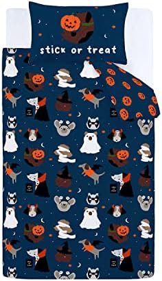 Catherine Lansfield Bedding Halloween Dogs Glow in the Dark Single Duvet Cover Set with Pillowcases Blue