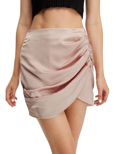 Women's High Waist Ruched Asymmetrical Skirt Party Cocktail Satin Mini Skirt