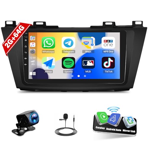 2G+64G Android Car Stereo for Mazda 5 2010-2015 Upgrade Radio Replacement with Wireless Apple CarPlay, Android Auto Bluetooth Mirror Link GPS Navigation Head Unit WiFi FM/RDS SWC Backup Camera Mic