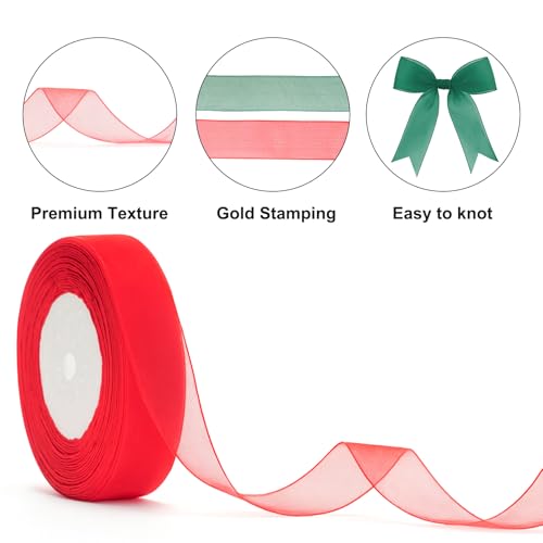 G2PLUS 100 Yards Red and Green Organza Gift Wrapping Ribbon, 20mm Sparkly Decorative Christmas Ribbon for Presents Wrapping, Christmas Crafting — photo 3