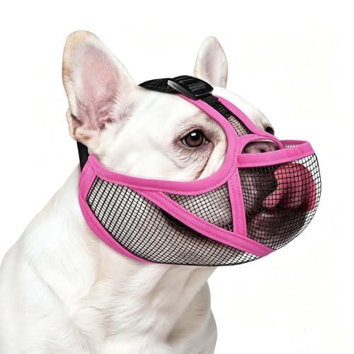 OHCOZZY French Bulldog Muzzle, Adjustable Soft Short Snout Dog Muzzle with Eye Hole for French Bulldog, Pug, Shih Tzu, Anit Biting Chewing, Allow to Drink and Feed(S,Pink)