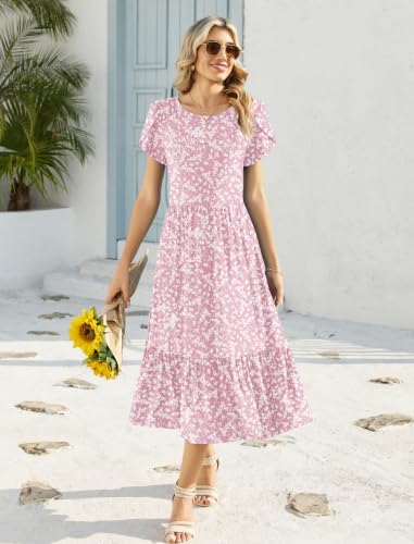 Image of Zeagoo Women Summer Midi A Line Dress Short Sleeve Casual Flowy Tiered Beach Long Sundress with Pockets 2026 Vacation Travel