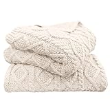 HiEnd Accents Cream Cable Knit Throw Blanket 50x60 inch, Cozy Sweater Woven Knitted Wool Blend Blankets, Warm Fall Winter Large Chunky Throws with Diamond Pattern for Couch, Bed, Sofa, Chair