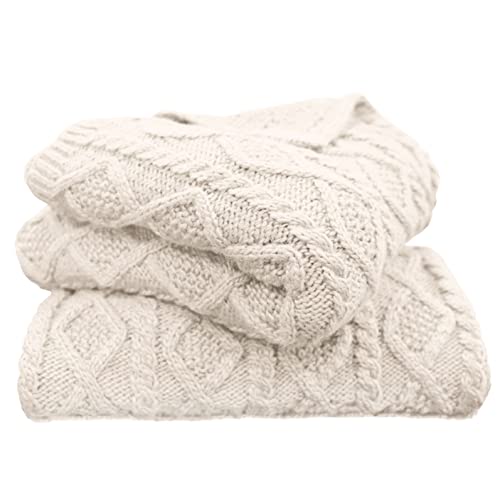 Hiend Accents Cream Cable Knit Throw Blanket 50X60 Inch, Cozy Sweater Woven Knitted Wool Blend Blankets, Warm Fall Winter Large Chunky Throws With Diamond Pattern For Couch, Bed, Sofa, Chair #TOP4