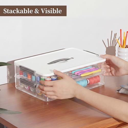 Veystor 2-Tier Plastic Storage Containers with Lid & Handle, Clear Stack & Carry Project Case with Latches, 5.5Qt Portable File Box Storage Bins for A4 Paper, Document, Scrapbook, Craft Art Supplies - Image 4